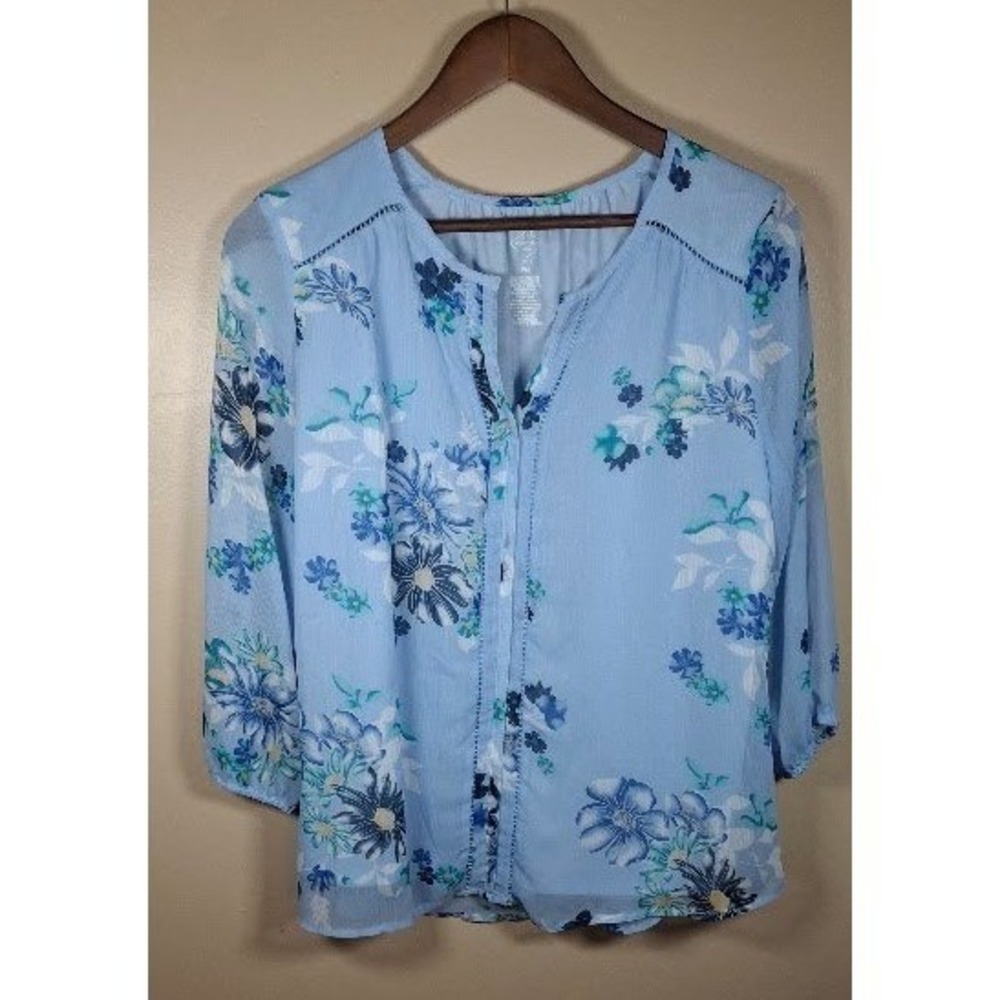 St. Johns Bay Blue Floral Split Neck Blouse Ladder Lace Trim PM Petite Medium